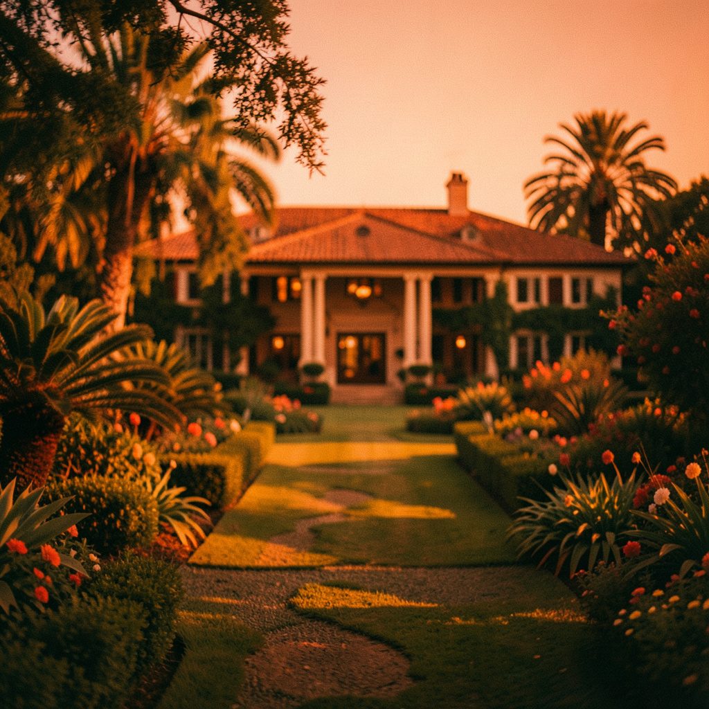 Tamarind Beach Hotel exterior with tropical greenery in soft afternoon light, warm turquoise and sand tones