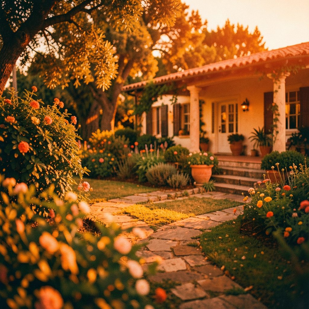 Tropical garden and pathway leading toward the sea at golden hour, lush green and warm amber tones