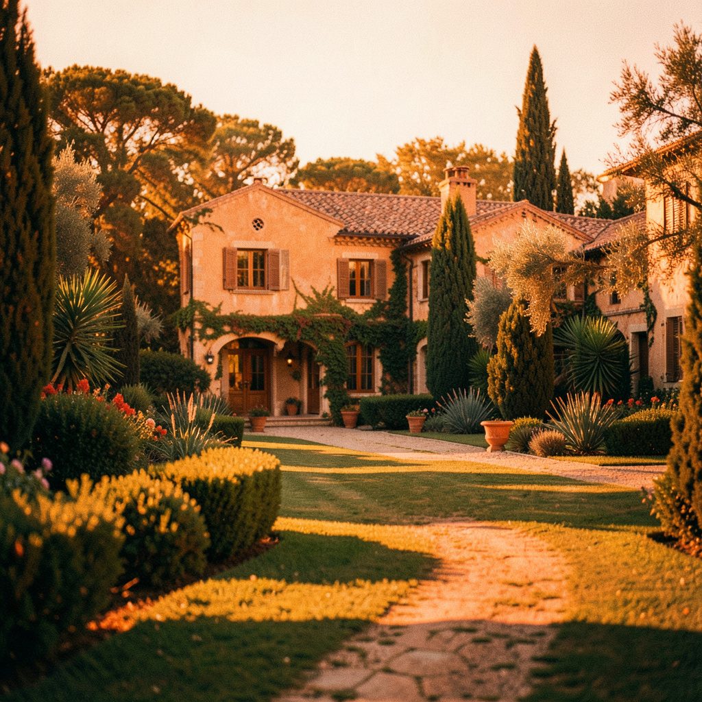 Sweeping view across the resort estate with manicured grounds, ocean beyond, warm golden hour light